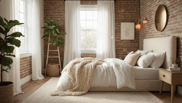 Photorealistic image of a cozy small bedroom featuring a queen bed with a cream linen headboard, layered white and beige bedding, and a chunky knit throw blanket, illuminated by natural morning light through sheer curtains, showcasing an exposed brick accent wall, vintage ladder nightstand, copper pendant lights, a fiddle leaf fig plant, fairy lights above the headboard, hardwood floors with an ivory area rug, a round brass mirror, and minimalist artwork, all captured with soft bokeh and warm cinematic color grading.