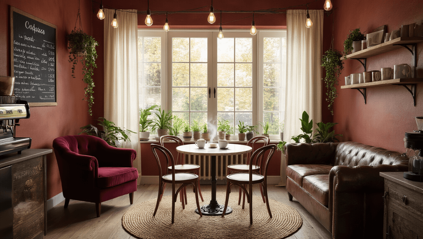 A cozy cafe-inspired living space with warm lighting, featuring a burgundy velvet armchair, distressed leather sofa, and a marble bistro table with vintage chairs, accented by Edison bulb string lights and natural light filtering through French windows.