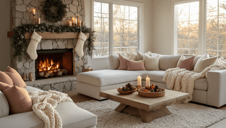 A cozy living room styled for Christmas, featuring a stone fireplace adorned with brass candles and eucalyptus garland, a plush sectional sofa with knit throws, and a warm, inviting ambiance enhanced by layered lighting and natural elements.