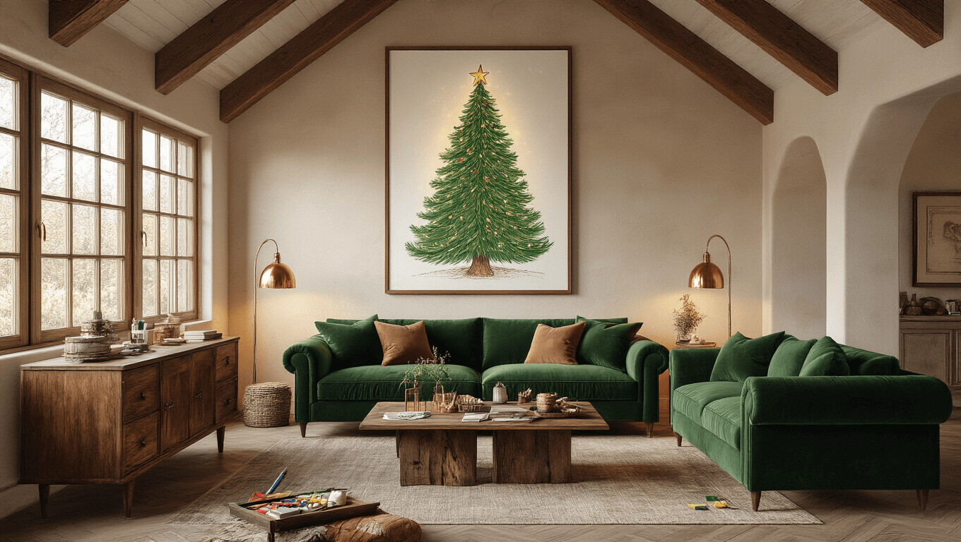 A cozy living room with vaulted ceilings and exposed wooden beams, featuring a large hand-drawn Christmas tree artwork, warm ambient lighting, plush green sofas, and scattered art supplies on a rustic coffee table.
