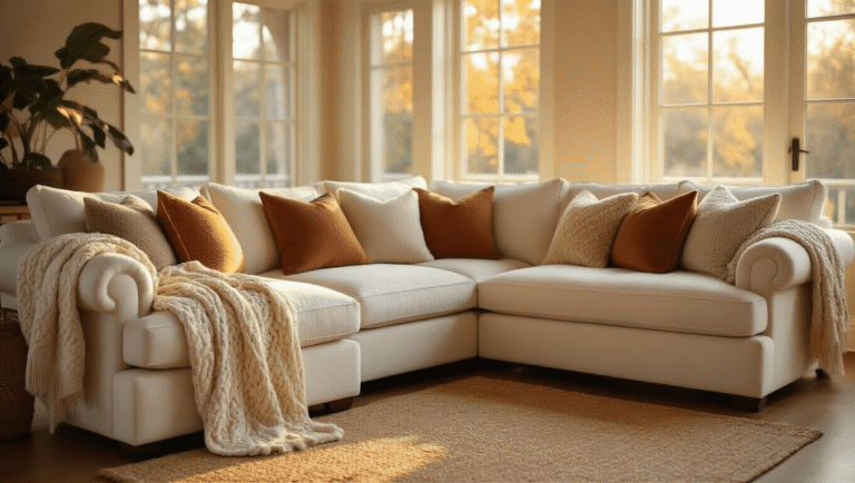 A cozy cream-colored sectional sofa adorned with plush cushions and a chunky knit blanket, bathed in golden hour sunlight on hardwood floors, creating a warm and inviting atmosphere.