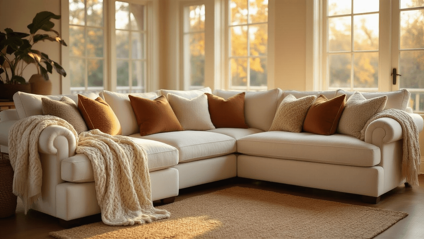 A cozy cream-colored sectional sofa adorned with plush cushions and a chunky knit blanket, bathed in golden hour sunlight on hardwood floors, creating a warm and inviting atmosphere.
