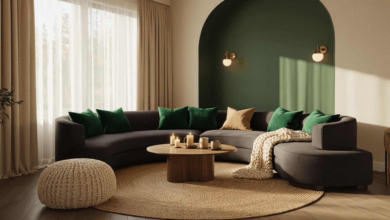 A cozy small living room featuring a curved charcoal sectional sofa with emerald velvet throw pillows, a round walnut coffee table with ceramic mugs and candles, warm lighting from brass lamps and string lights, and layered textures from jute rugs and faux fur throws.