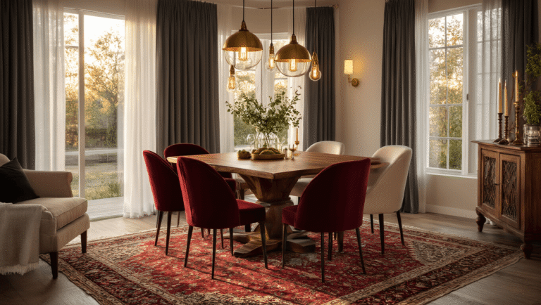 Cozy dining room during golden hour with warm lighting, rich walnut table, mixed upholstered chairs, Persian rug, and styled sideboard, creating an inviting atmosphere.