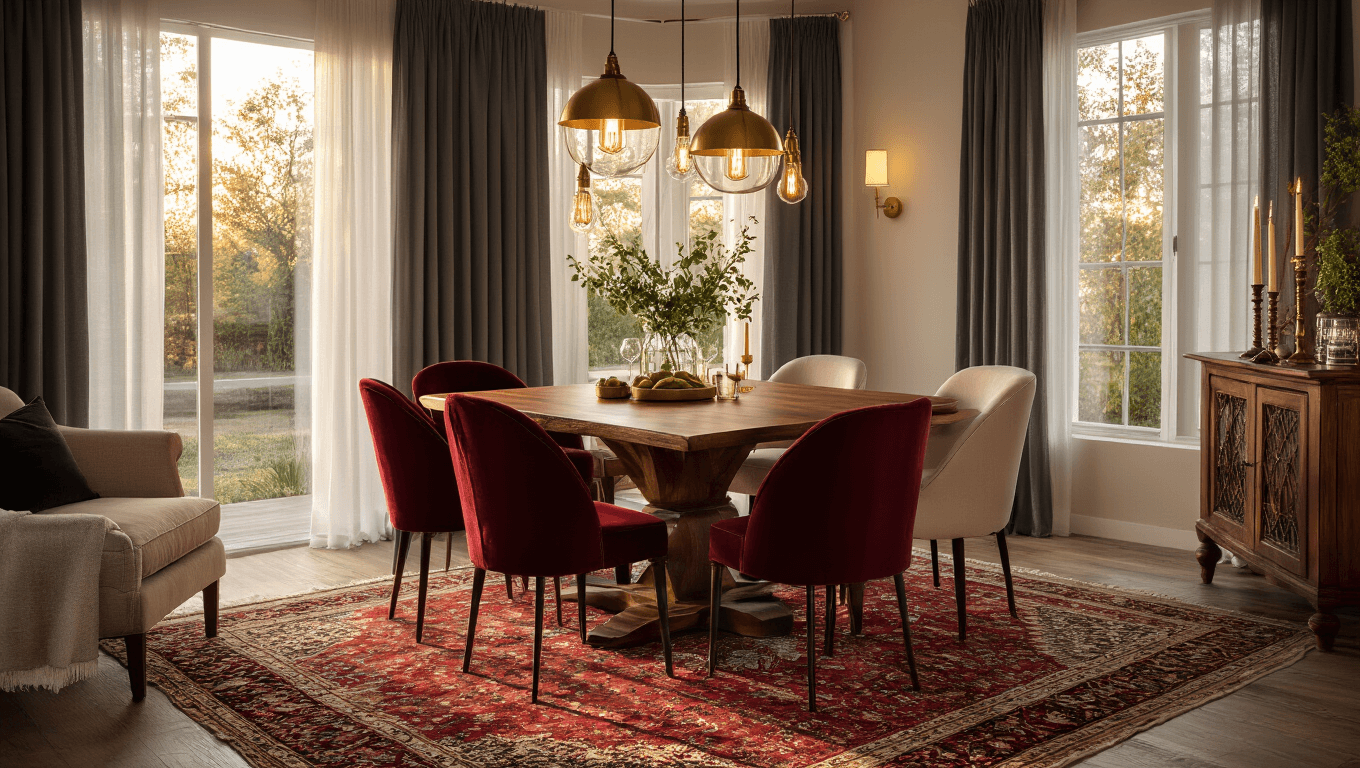 Cozy dining room during golden hour with warm lighting, rich walnut table, mixed upholstered chairs, Persian rug, and styled sideboard, creating an inviting atmosphere.