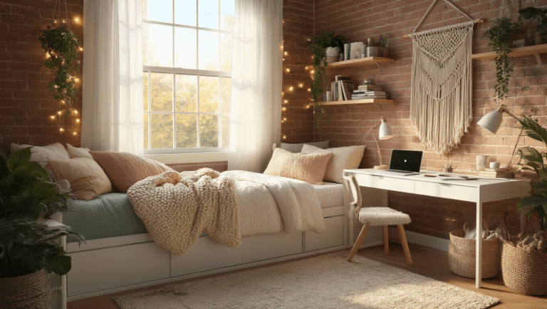 Cozy Dorm Room: Your Ultimate Guide to Creating a Stylish and Functional Space A cozy, sunlit dorm room featuring a lofted bed with layered bedding in cream, blush pink, and sage green, a sleek white desk with a MacBook and study materials, and string lights against exposed brick walls with hanging plants.