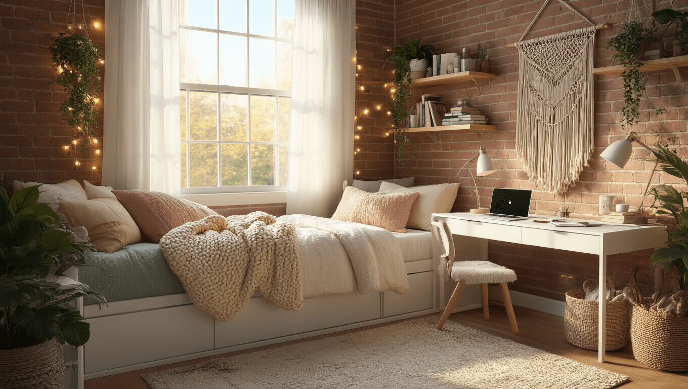 A cozy, sunlit dorm room featuring a lofted bed with layered bedding in cream, blush pink, and sage green, a sleek white desk with a MacBook and study materials, and string lights against exposed brick walls with hanging plants.