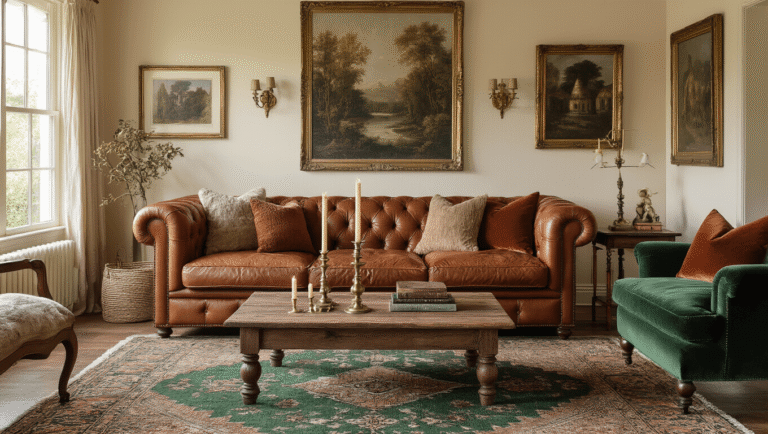 A cozy eclectic living room bathed in golden hour light, featuring a cognac leather Chesterfield sofa, vintage brass candlesticks, a Turkish rug, and layered textures in warm cream and rich colors, creating an inviting ambiance.