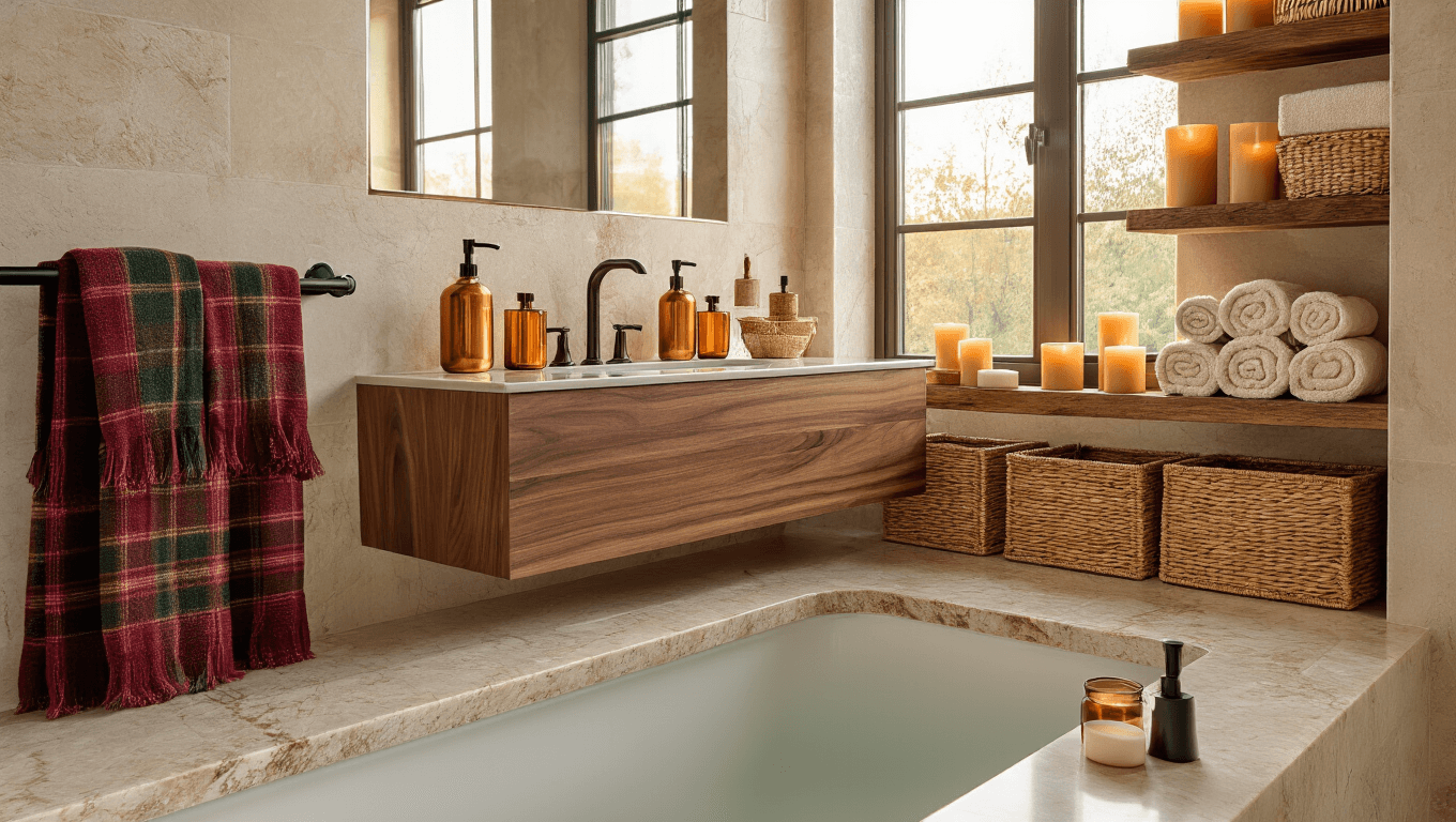 A luxurious fall-themed bathroom with a walnut vanity, copper accessories, and autumn textures, featuring rich plaid towels, flickering candles, and organic arrangements, all illuminated by golden hour sunlight.