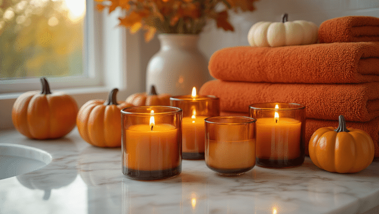 A cozy fall bathroom decor scene featuring a marble countertop adorned with amber candles, ceramic pumpkins in burnt orange tones, and a chunky knit towel, all lit by warm golden hour light.