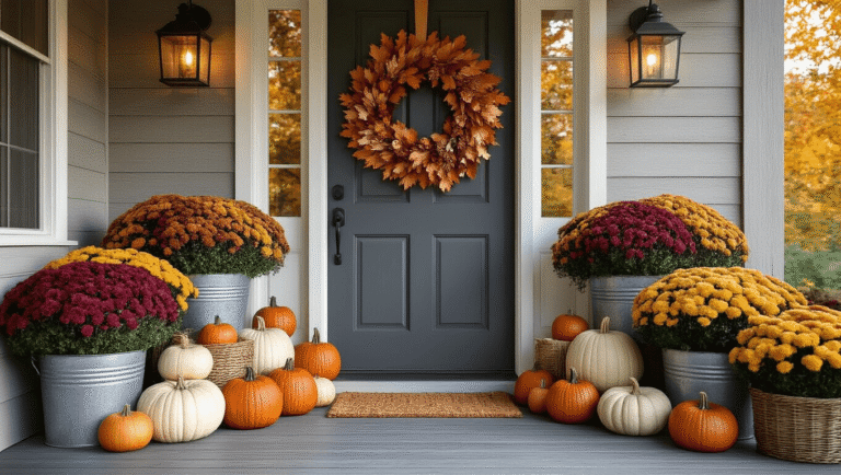 Cinematic wide-angle shot of a cozy front porch decorated for fall, featuring a gray door with an autumn wreath, stacked pumpkins, vibrant mums in metal buckets, lanterns casting warm light, and weathered wooden floorboards.