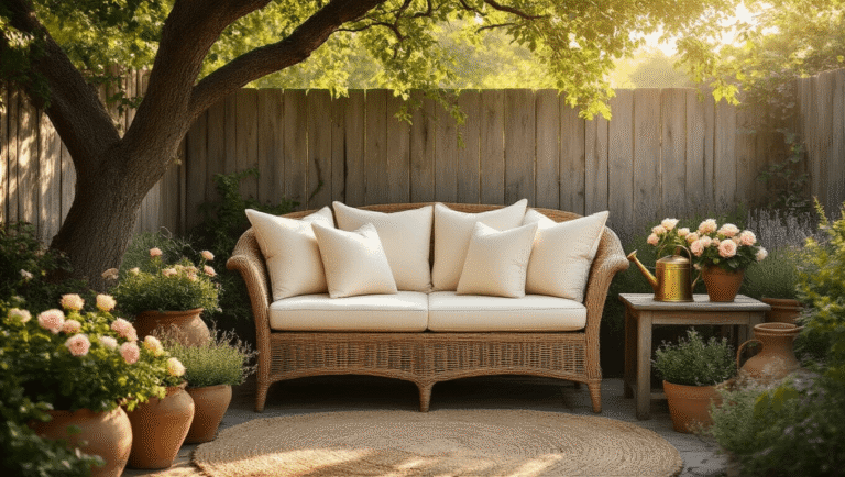 Cinematic wide-angle shot of a cozy garden nook featuring a wicker loveseat with cream cushions, warm golden hour lighting, and vibrant potted plants, creating an inviting and serene atmosphere.