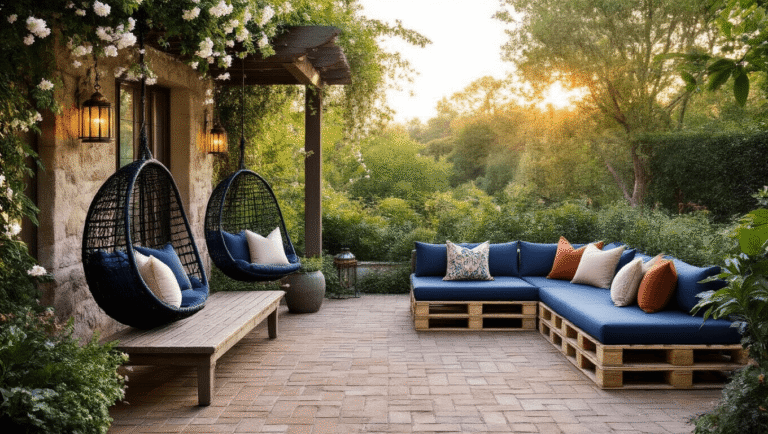 A cinematic wide-angle shot of a lush garden terrace at golden hour, showcasing intimate seating zones with a weathered teak bench, a suspended black rattan egg chair, and a DIY pallet sofa, surrounded by blooming jasmine, copper lanterns, and string lights, set against a backdrop of ornamental grasses and potted lavender.