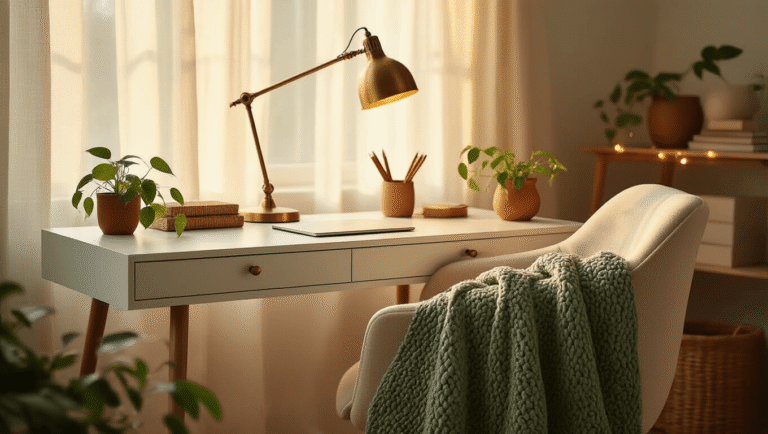 A cozy home office desk setup with warm lighting, featuring a modern white desk, brass lamp, string lights, and textured accessories, creating an inviting workspace ambiance.