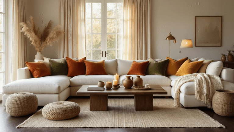 A luxurious cozy living room featuring a plush cream sectional sofa with terracotta, mustard yellow, and sage green throw pillows, a walnut coffee table with chunky knit blankets and ceramic vessels, and soft beige curtains filtering golden hour light, creating an intimate and warm atmosphere.