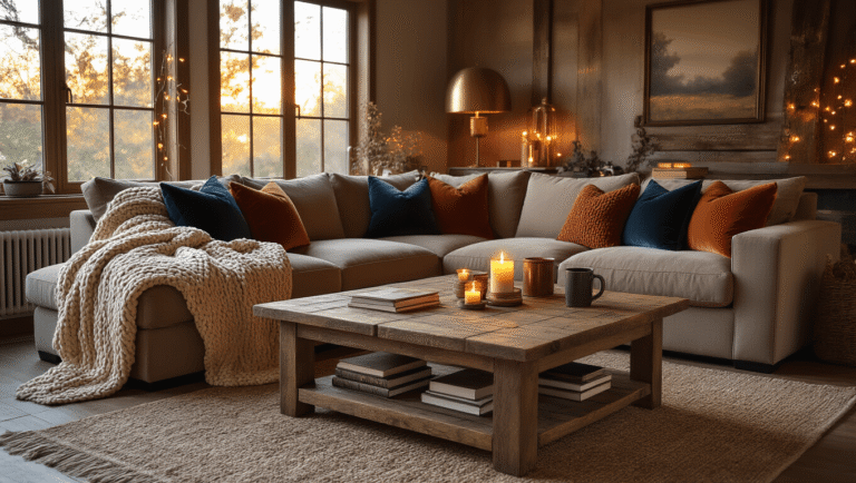 Photorealistic cozy living room during golden hour, featuring a taupe sectional sofa with chunky knit throws, a rustic wood coffee table with candles and books, warm lighting, rich textures, and personal touches like travel photos and eucalyptus.