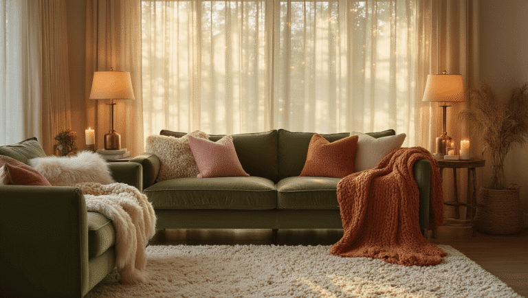 Cozy living room interior featuring a sage green velvet sofa, layered textiles in earthy tones, warm diffused lighting, and natural elements, creating an intimate sanctuary.