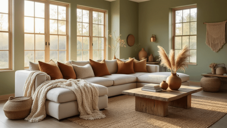 A sun-drenched modern living room featuring a beige sectional sofa with textured pillows, a chunky knit blanket, and a jute rug under a weathered wood coffee table, embellished with vintage vases and brass accents, all against sage green walls and warm ambient lighting.