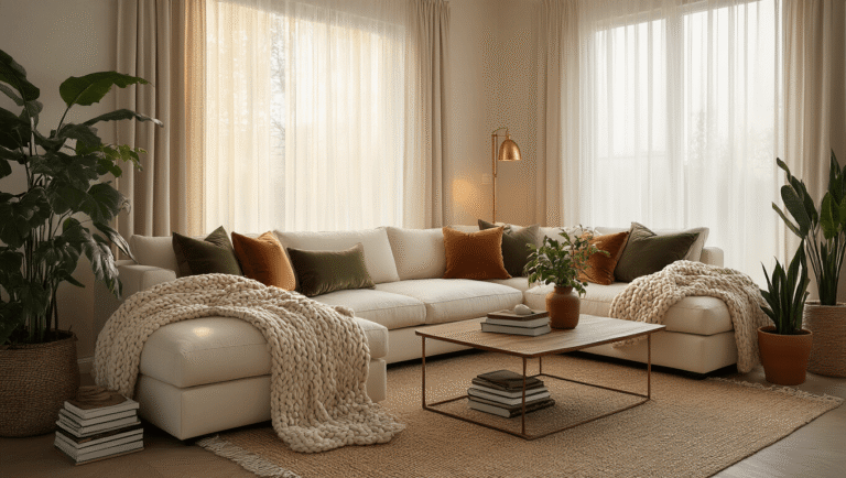 Photorealistic image of a cozy modern living room featuring a plush cream sectional sofa with earth-toned throws and cushions, layered vintage Persian and jute rugs under a weathered wood coffee table, string lights for ambiance, potted plants in terracotta pots, and personal decor items, all bathed in warm natural light during golden hour.