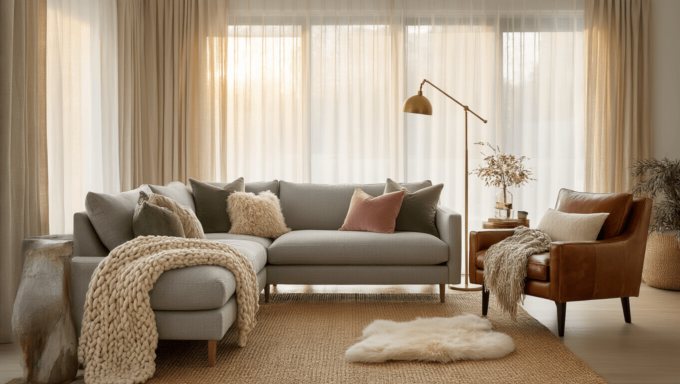 A luxurious modern living room during golden hour, featuring a plush grey linen sofa with textured throws and pillows, a cognac leather armchair, a natural jute rug, and potted plants, all bathed in warm sunlight through sheer curtains.