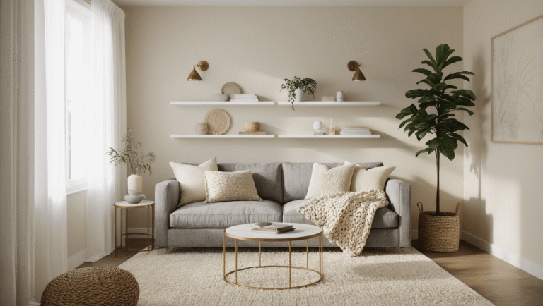 A cozy small apartment living room featuring a plush gray linen sofa adorned with cream and taupe throw pillows, a round brass nesting coffee table on a cream high-pile rug, and a tall fiddle leaf fig plant, all bathed in soft morning light filtering through sheer white curtains.