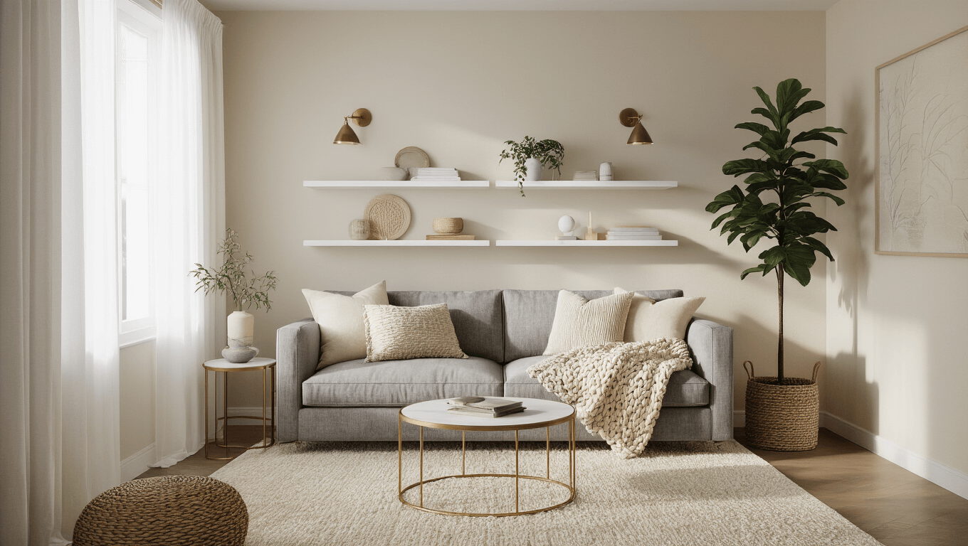 A cozy small apartment living room featuring a plush gray linen sofa adorned with cream and taupe throw pillows, a round brass nesting coffee table on a cream high-pile rug, and a tall fiddle leaf fig plant, all bathed in soft morning light filtering through sheer white curtains.