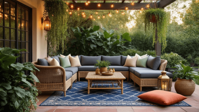 Cinematic golden hour outdoor patio featuring a charcoal gray sectional sofa with cream and sage green cushions, natural wicker coffee table, mismatched vintage metal chairs, layered rugs, terracotta floor cushions, draped string lights, glowing solar lanterns, and lush greenery, creating a cozy, inviting atmosphere.