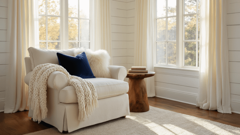 Cozy reading nook featuring a cream linen armchair with a chunky cable-knit throw, navy velvet lumbar pillow, and faux fur accent pillow, bathed in golden hour sunlight by a tall window. A round walnut side table holds a steaming mug, an open book, and a flickering candle, while a brass floor lamp provides warm light. The space is anchored by a jute area rug and adorned with floating shelves displaying leather-bound books and a succulent, creating an inviting and serene atmosphere.
