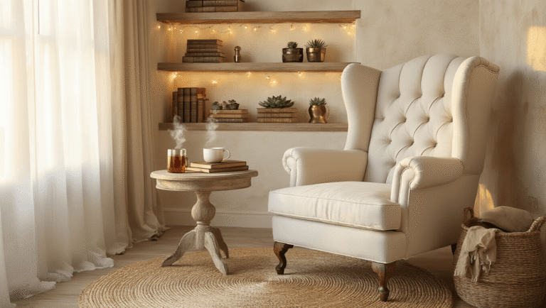 A luxurious reading nook alcove featuring a plush ivory wingback armchair, warm sunlight through gauzy curtains, a steaming mug of tea, leather-bound books, and decorative elements like succulents and vintage brass objects, all enhanced by warm string lights and a cozy atmosphere during golden hour.