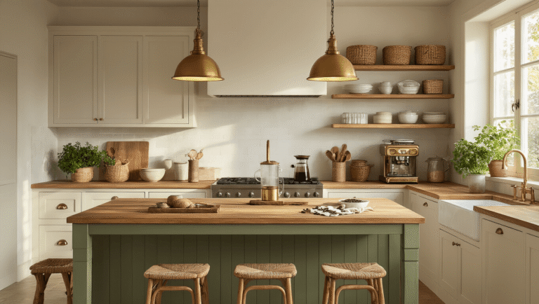 Cozy kitchen interior with sage green island and warm brass fixtures, bathed in golden hour light, featuring natural wood countertops, vintage coffee station, fresh herbs, and artisanal decor.