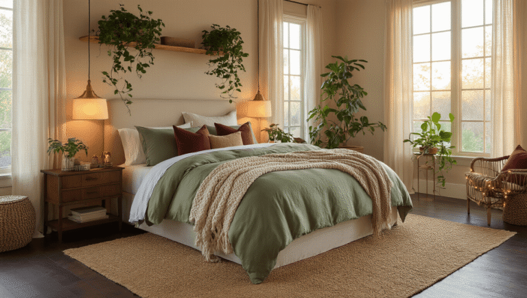 Luxurious master bedroom sanctuary with sage green and cream layered bedding, warm lighting, and rich textures creating a cozy atmosphere.