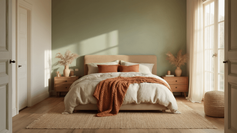 A cozy earthy bedroom featuring sage green and cream walls, rumpled oatmeal linen bedding, terracotta throw pillows, and warm wood accents, illuminated by golden hour light and soft lamp lighting, showcasing rich textures and a serene atmosphere.