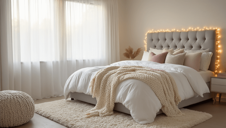 A cozy bedroom sanctuary featuring a king-size bed with layered textured pillows, warm lighting from LED string lights, and a rustic wooden nightstand, all bathed in golden hour light.