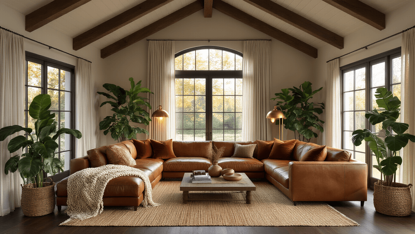 Photorealistic interior shot of a sunlit living room with vaulted ceilings, featuring a cognac leather sectional sofa, layered rugs, large plants, and a reclaimed wood coffee table, all bathed in warm golden hour light.