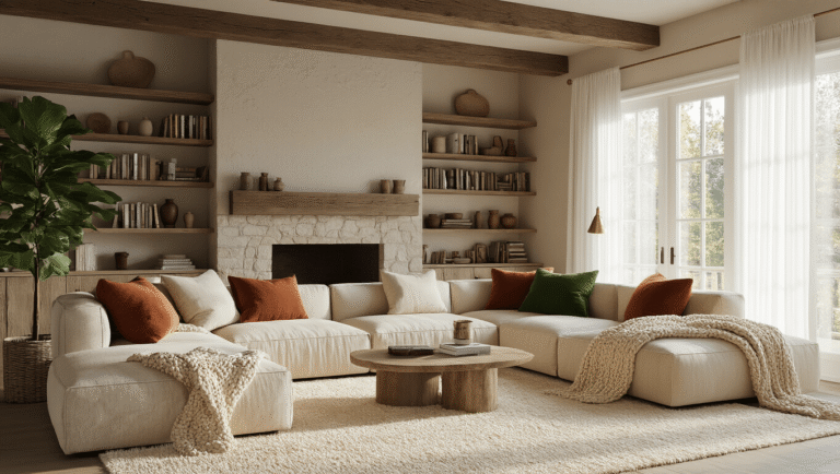A cozy living room bathed in warm, golden sunlight, featuring a deep beige sectional sofa adorned with textured throw pillows in cream, rust, and forest green, alongside a plush cream area rug and reclaimed wood mantel above a stone fireplace, all complemented by built-in bookshelves, a vintage brass floor lamp, and a fiddle leaf fig plant.