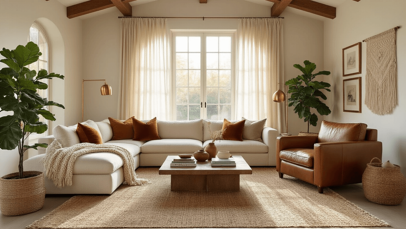 A warm and inviting living room with high vaulted ceilings, featuring cream sectional sofas, layered rugs, and a fiddle leaf fig plant, illuminated by golden hour light streaming through sheer curtains.