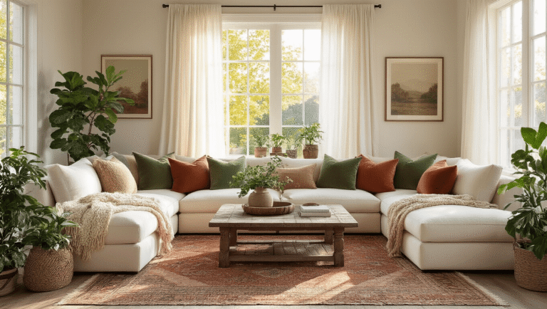 Photorealistic interior of a sunlit living room featuring a plush cream L-shaped sectional with textured throw pillows, large bay windows with sheer curtains, a reclaimed wood coffee table, vintage Moroccan rugs, abundant potted plants, a gallery wall of family photos, and warm ambient lighting.