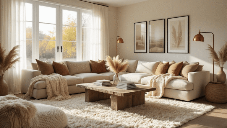 A spacious, sunlit living room featuring a beige L-shaped sectional, reclaimed wood coffee table with decor, faux fur area rug, and gallery wall, captured in warm golden hour lighting.