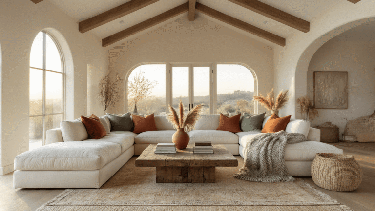 A luxurious living room bathed in golden hour sunlight, featuring a cream sectional, layered textured pillows, a reclaimed wood coffee table with vintage books and pampas grass, layered rugs, and greenery, all under soaring vaulted ceilings with wooden beams.