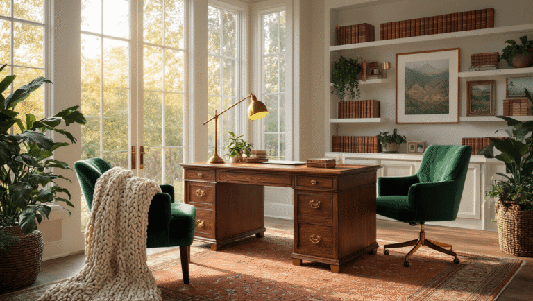 A luxurious home office bathed in warm natural sunlight during golden hour, featuring a rich wooden desk, emerald green velvet chair, and layered textures with a chunky knit throw and vintage terracotta rug, surrounded by bookshelves, potted plants, and a gallery wall of nature prints in gold frames, all under soft ambient string lights.
