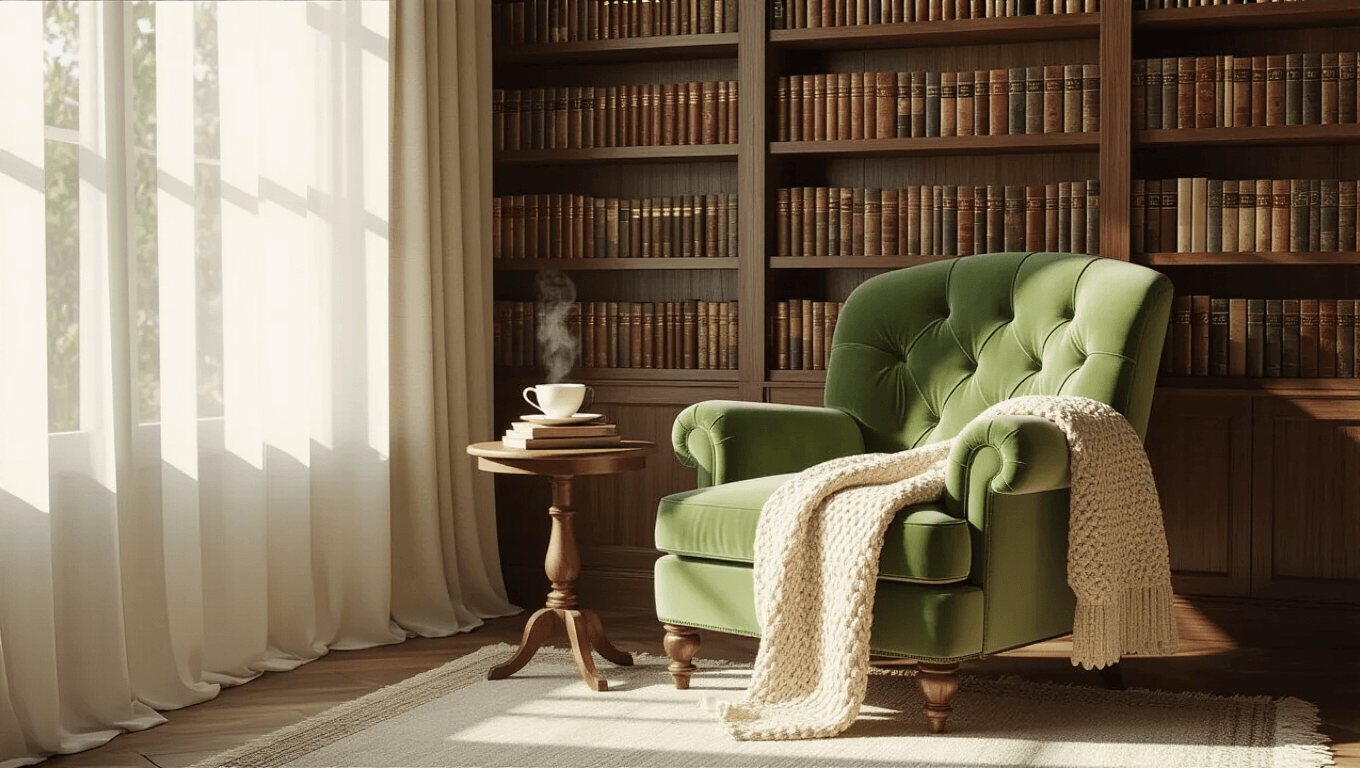 A sunlit reading nook featuring a sage green velvet armchair, a weathered oak side table with a teacup and vintage books, surrounded by colorful bookshelves and warm, inviting decor.