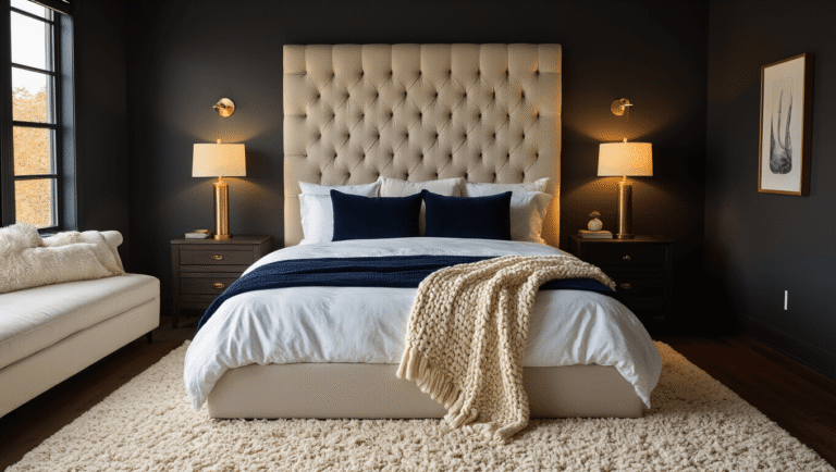 A luxurious dark cozy bedroom with charcoal gray walls, a king-size bed dressed in white linens and navy velvet pillows, warm brass lighting, and soft textures, all bathed in golden hour light.