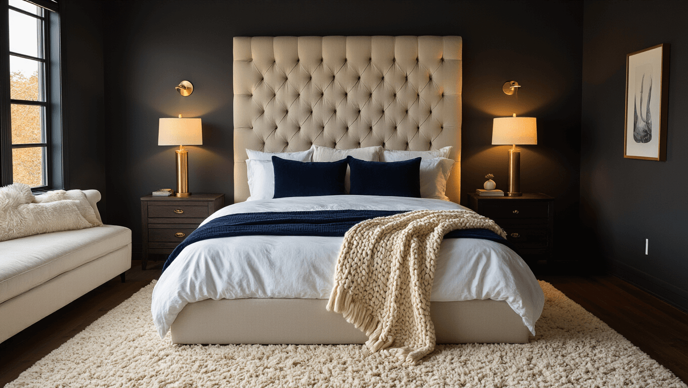 A luxurious dark cozy bedroom with charcoal gray walls, a king-size bed dressed in white linens and navy velvet pillows, warm brass lighting, and soft textures, all bathed in golden hour light.