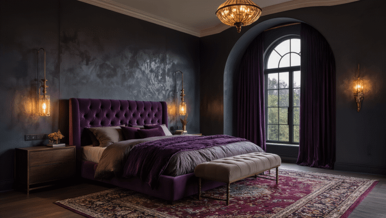 A hyperrealistic, cinematic depiction of an expansive master bedroom at dusk, featuring deep charcoal walls, a king-size bed with an eggplant tufted velvet headboard, warm ambient lighting from antique brass sconces, layered bedding in rich jewel tones, and a vintage Persian rug, all illuminated by soft, volumetric lighting streaming through an arched window with midnight blue velvet curtains.