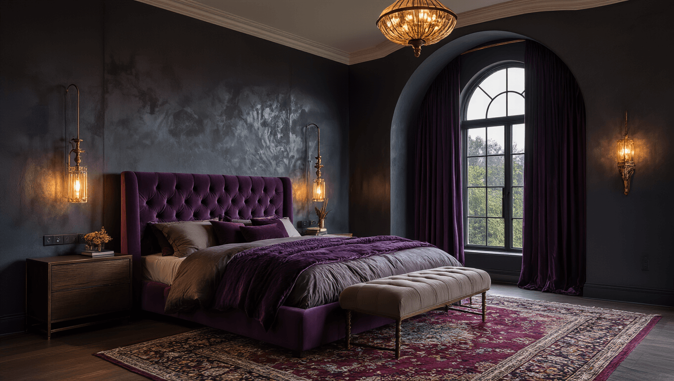 A hyperrealistic, cinematic depiction of an expansive master bedroom at dusk, featuring deep charcoal walls, a king-size bed with an eggplant tufted velvet headboard, warm ambient lighting from antique brass sconces, layered bedding in rich jewel tones, and a vintage Persian rug, all illuminated by soft, volumetric lighting streaming through an arched window with midnight blue velvet curtains.