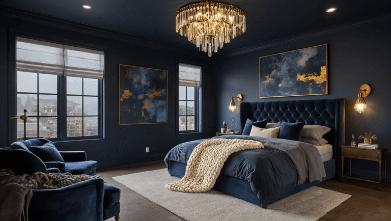A sophisticated dark moody bedroom with navy walls and a king-size bed dressed in deep blue velvet and chunky knits, illuminated by warm brass sconces and a vintage floor lamp, featuring a large abstract painting, floor-to-ceiling silk curtains, and a luxurious sheepskin rug on dark hardwood floors, captured in soft evening light.