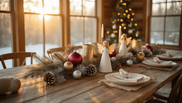 Cinematic overhead view of a rustic wooden table with DIY Christmas decorations in progress, featuring metallic cupcake ornaments, glittered pinecones, toilet paper roll angels, and tin can luminaries, surrounded by crafting materials like felt sheets, glue gun, and LED lights, all illuminated by warm sunlight.