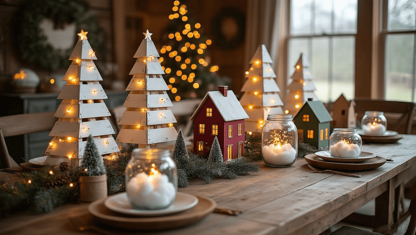 Cozy farmhouse dining room adorned with DIY Christmas decorations, featuring pallet trees with fairy lights, mason jar snow globes, and a painted cardboard village on a reclaimed wood table, all bathed in warm golden hour light.