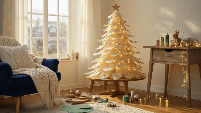 A cozy studio apartment corner features a stunning DIY paper Christmas tree as the centerpiece on a weathered oak side table, surrounded by scattered crafting supplies and softly illuminated by golden morning light, creating a warm and inviting atmosphere.