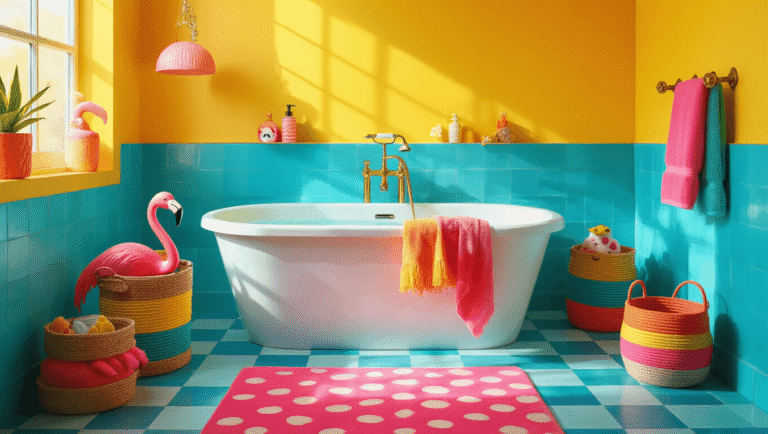 A vibrant dopamine decor bathroom featuring a sunshine yellow accent wall, electric blue checkerboard floor tiles, and a white freestanding bathtub with a bubblegum pink caddy, decorated with colorful accessories, lush greenery, and warm golden hour lighting.